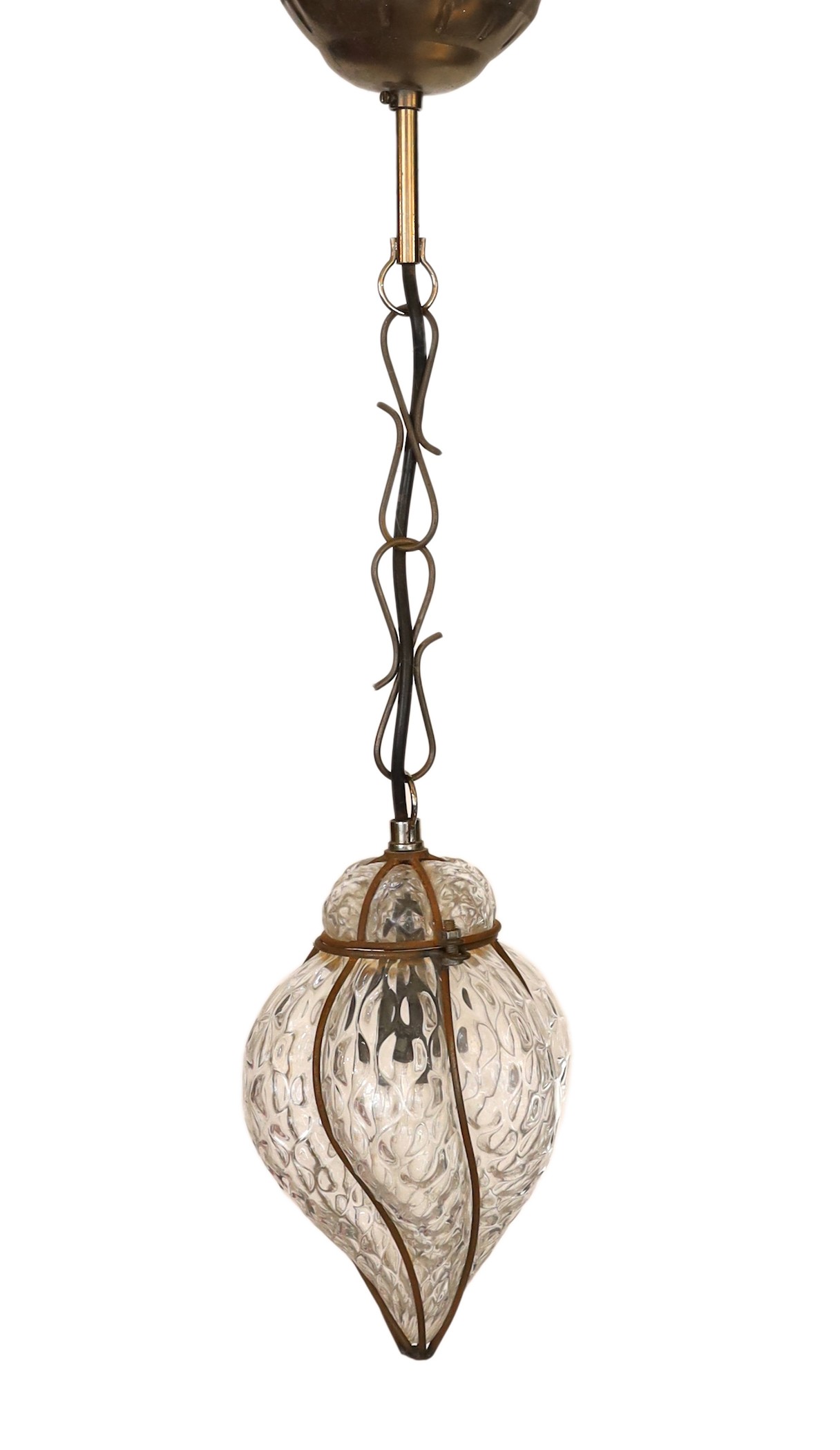 An Italian blown glass and metal light pendant, height including chains 54cm